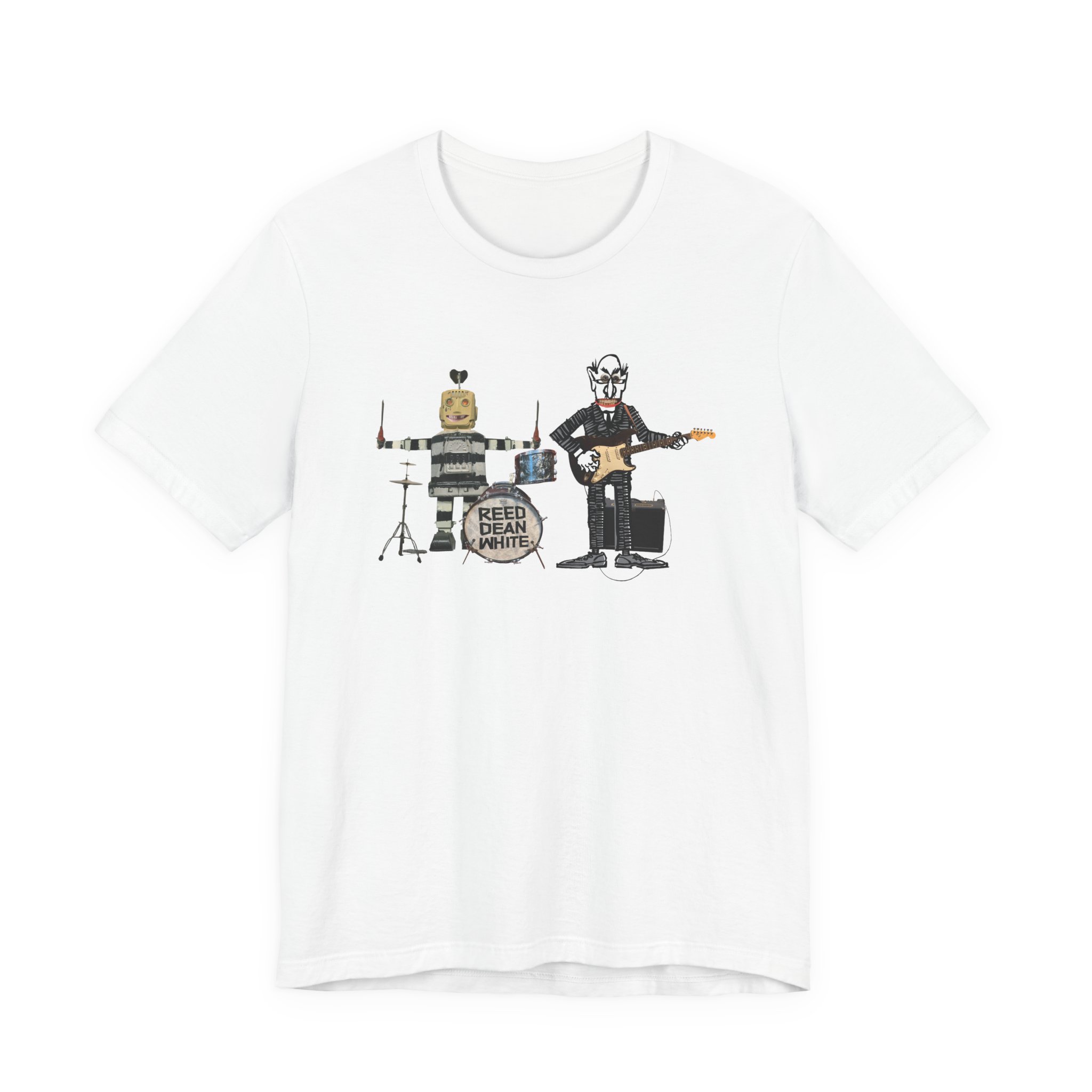 ReedDeanWhite Graphic Tee — 'Rebel Robot Drifter Band' Drummer & Wheelie Rider T-Shirt - Image 3